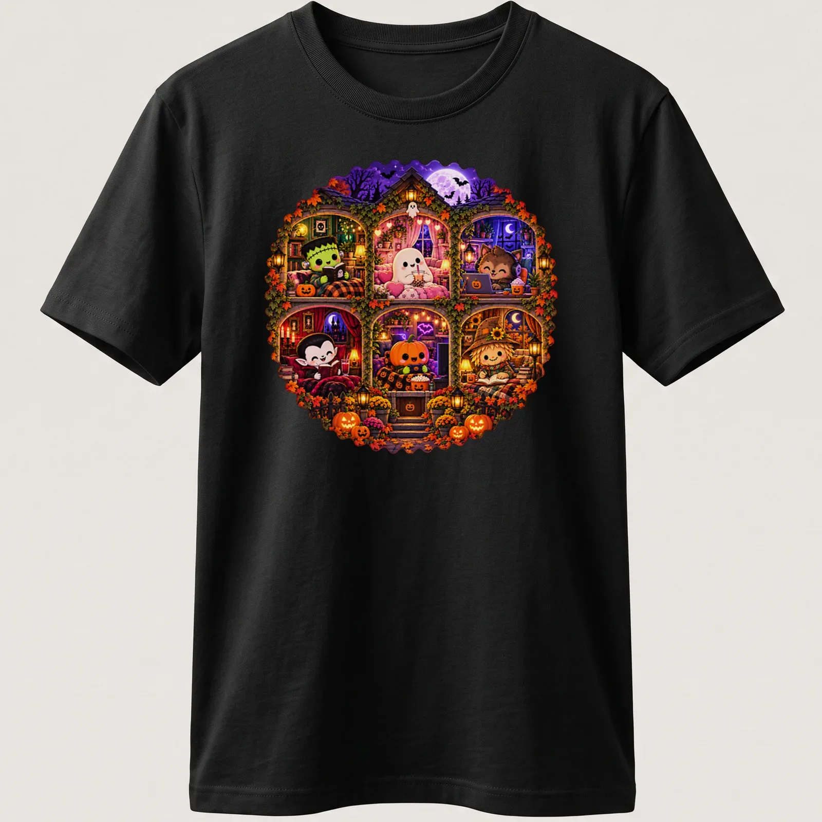 Kawaii Halloween design featuring cute ghost, Dracula, pumpkin, and Frankenstein in a haunted house — printed on a unisex t-shirt