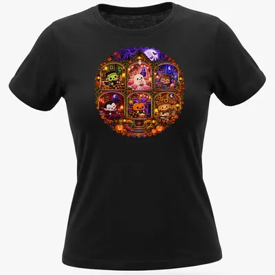 Kawaii Halloween design featuring cute ghost, Dracula, pumpkin, and Frankenstein in a haunted house — printed on a women's shirt