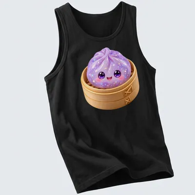 Kawaii lavender dumpling in a steamer with cute glittery details — printed on a tank top