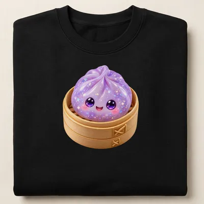 Kawaii lavender dumpling in a steamer with cute glittery details — printed on a unisex sweatshirt