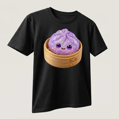 Kawaii lavender dumpling in a steamer with cute glittery details — printed on a unisex t-shirt (angled view)