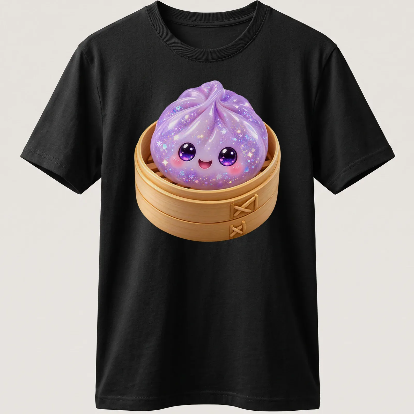 Kawaii lavender dumpling in a steamer with cute glittery details — printed on a unisex t-shirt