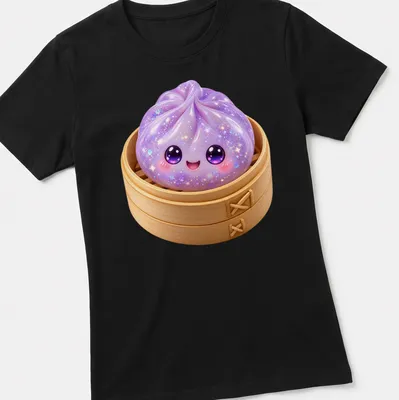 Kawaii lavender dumpling in a steamer with cute glittery details — printed on a women's shirt