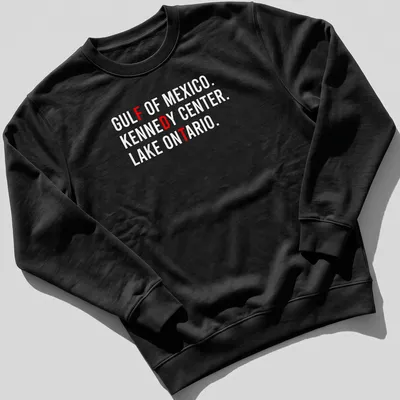Bold text featuring Gulf of Mexico, Kennedy Center, and Lake Ontario — printed on a unisex sweatshirt
