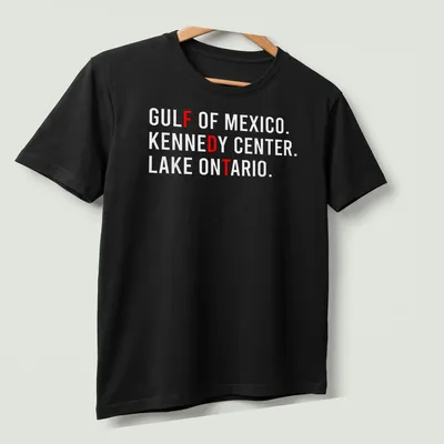 Bold text featuring Gulf of Mexico, Kennedy Center, and Lake Ontario — printed on a unisex t-shirt (angled view)