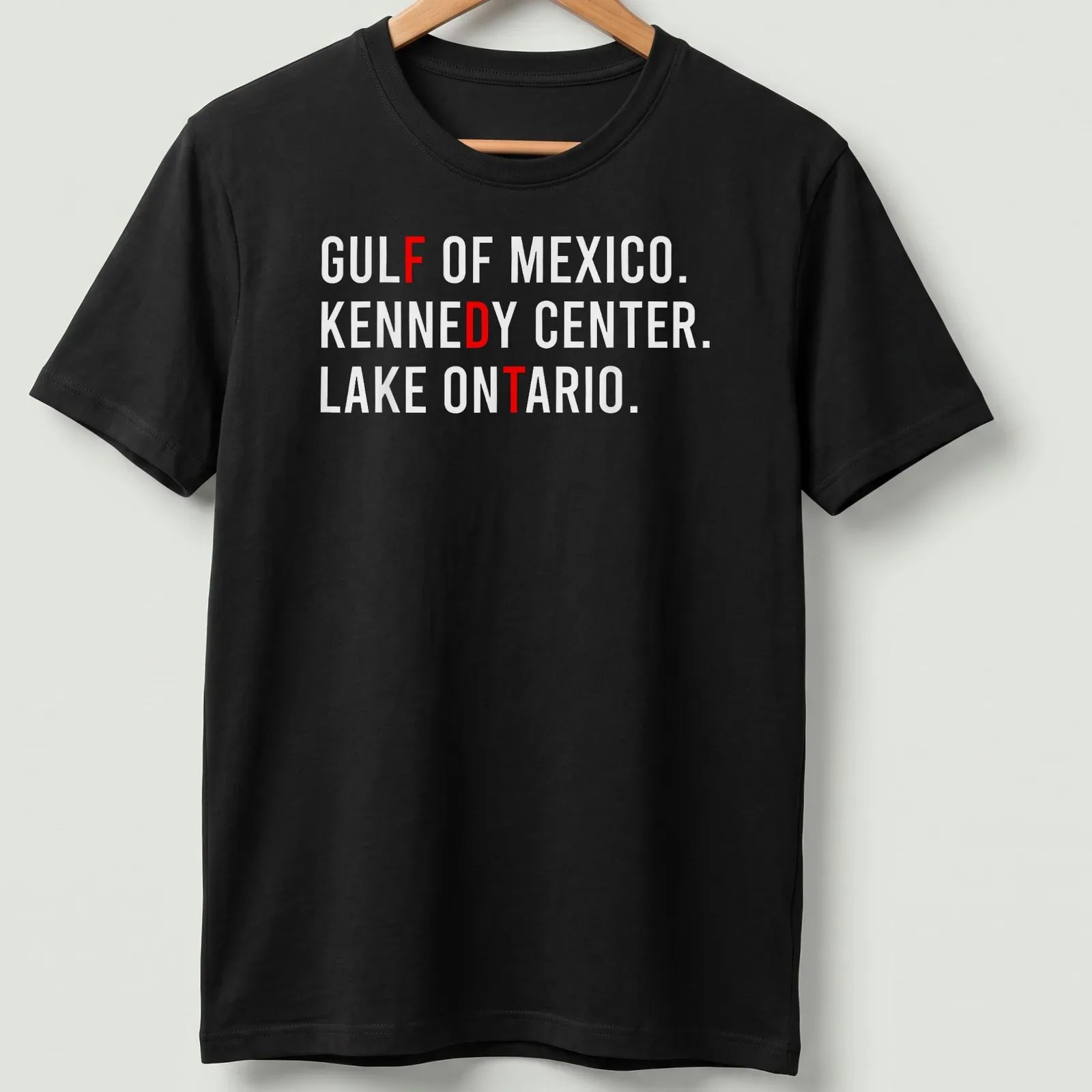 Bold text featuring Gulf of Mexico, Kennedy Center, and Lake Ontario — printed on a unisex t-shirt