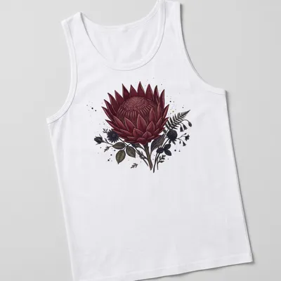 Dark burgundy and green King Protea flower illustration on a gothic — printed on a tank top