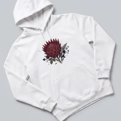 Dark burgundy and green King Protea flower illustration on a gothic — printed on a unisex hoodie
