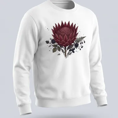 Dark burgundy and green King Protea flower illustration on a gothic — printed on a unisex sweatshirt