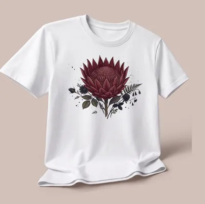 Dark burgundy and green King Protea flower illustration on a gothic — printed on a unisex t-shirt (angled view)