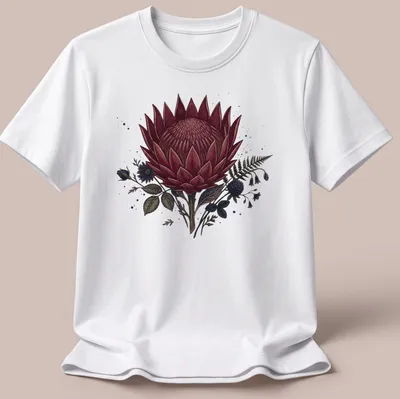 Dark burgundy and green King Protea flower illustration on a gothic t-shirt