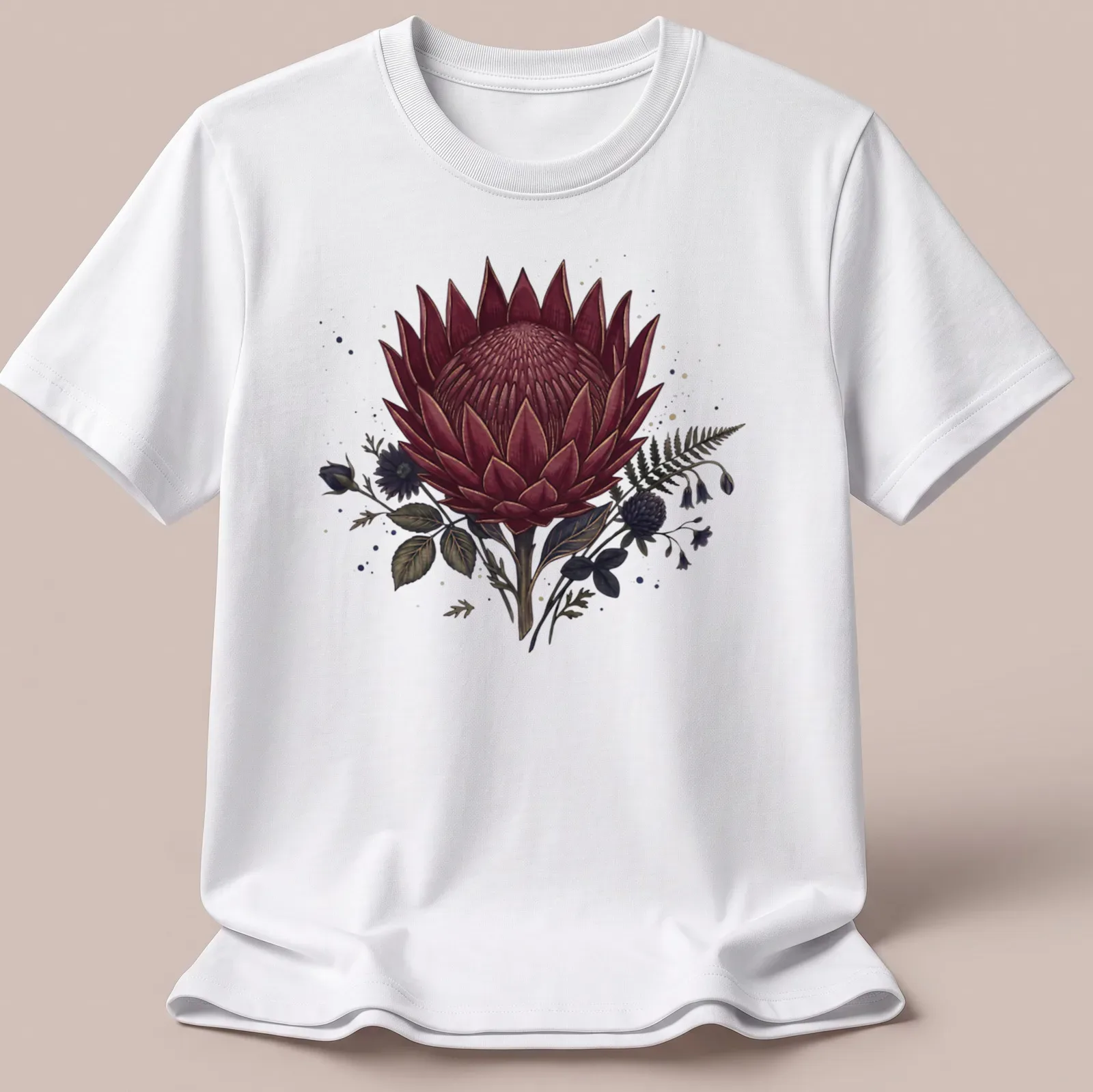 Dark burgundy and green King Protea flower illustration on a gothic — printed on a unisex t-shirt
