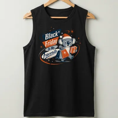 Retro graphic of a koala bear enjoying coffee with Black Friday text — printed on a tank top