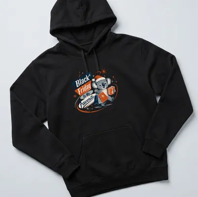 Retro graphic of a koala bear enjoying coffee with Black Friday text — printed on a unisex hoodie