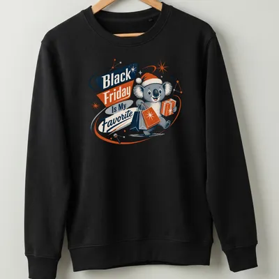 Retro graphic of a koala bear enjoying coffee with Black Friday text — printed on a unisex sweatshirt