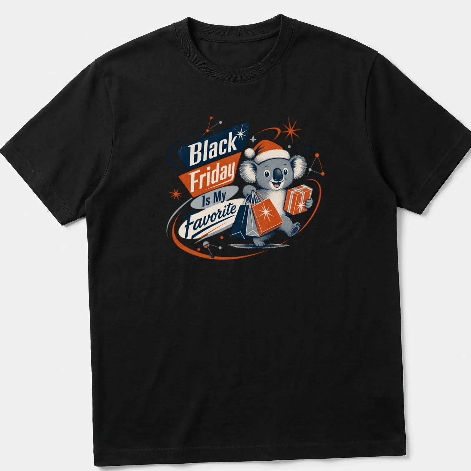 Retro graphic of a koala bear enjoying coffee with Black Friday text — printed on a unisex t-shirt
