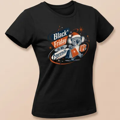 Retro graphic of a koala bear enjoying coffee with Black Friday text — printed on a women's shirt