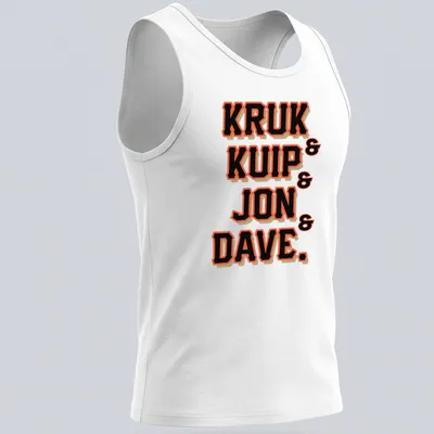 Bold collegiate graphic with the names Kruk, Kuip, Jon, and Dave in black, orange, and white. — printed on a tank top