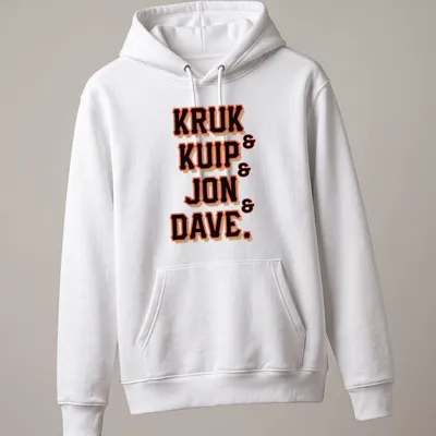 Bold collegiate graphic with the names Kruk, Kuip, Jon, and Dave in black, orange, and white. — printed on a unisex hoodie