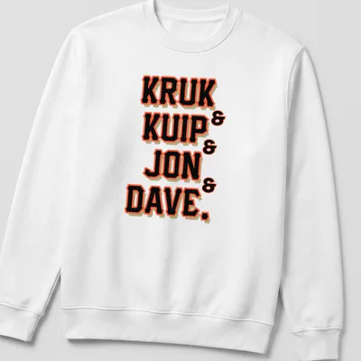 Bold collegiate graphic with the names Kruk, Kuip, Jon, and Dave in black, orange, and white. — printed on a unisex sweatshirt