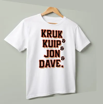 Bold collegiate graphic with the names Kruk, Kuip, Jon, and Dave in black, orange, and white. — printed on a unisex t-shirt (angled view)