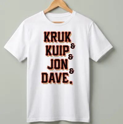 Bold collegiate graphic with the names Kruk, Kuip, Jon, and Dave in black, orange, and white.