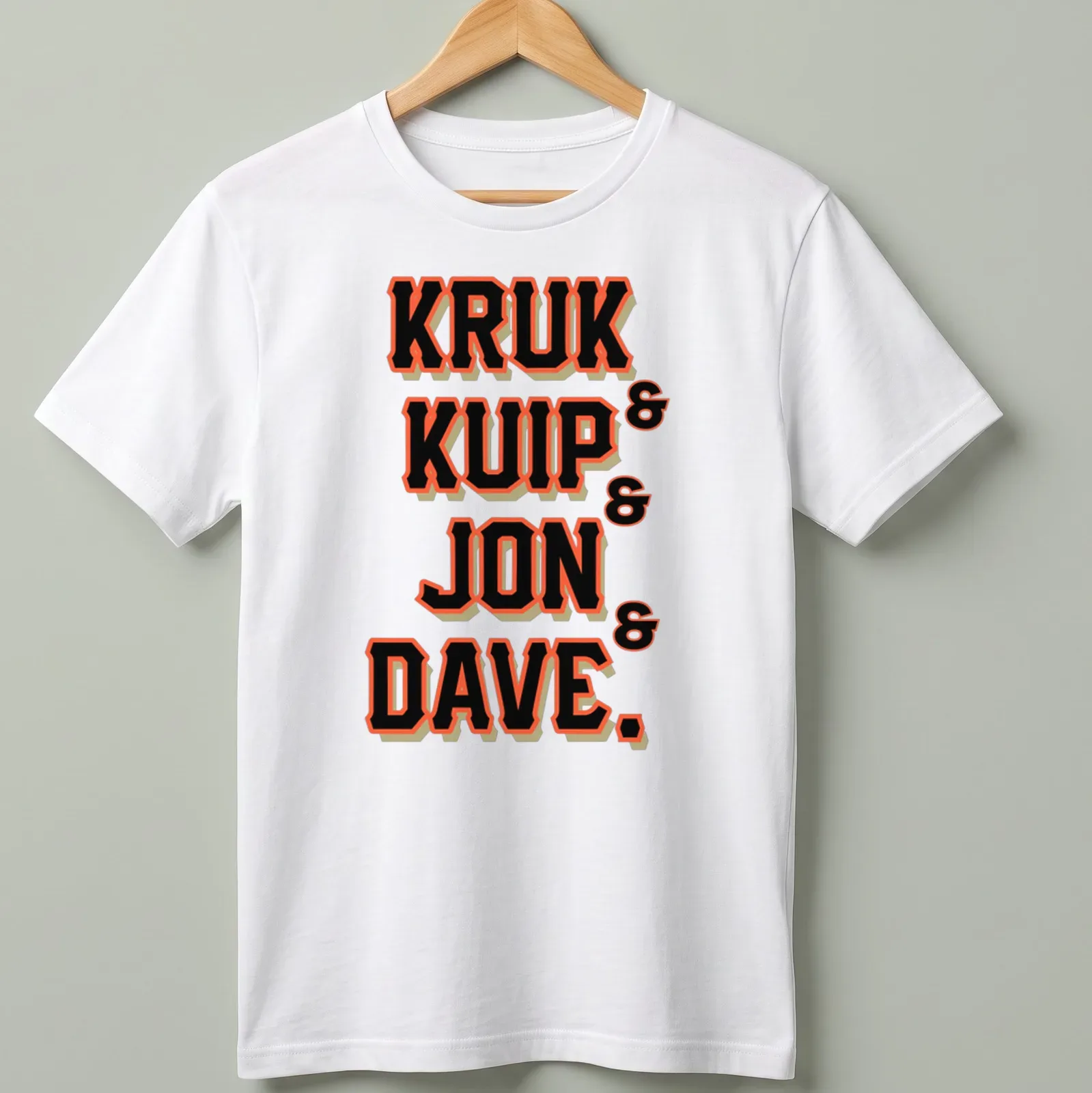Bold collegiate graphic with the names Kruk, Kuip, Jon, and Dave in black, orange, and white. — printed on a unisex t-shirt