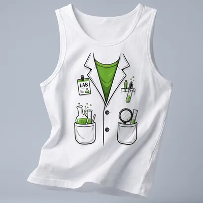 Cartoon style lab coat with science equipment and LAB text — printed on a tank top