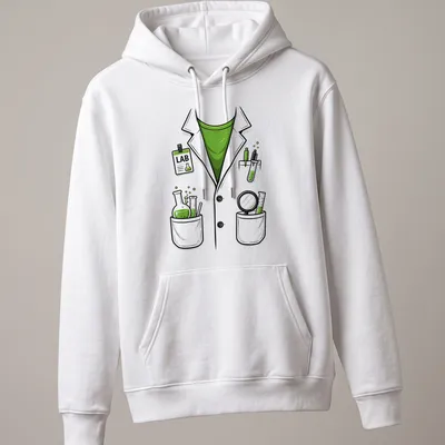 Cartoon style lab coat with science equipment and LAB text — printed on a unisex hoodie