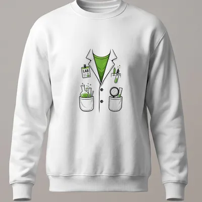 Cartoon style lab coat with science equipment and LAB text — printed on a unisex sweatshirt