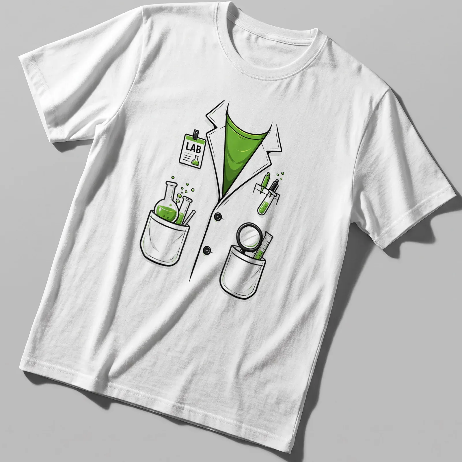 Cartoon style lab coat with science equipment and LAB text — printed on a unisex t-shirt