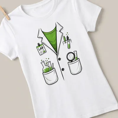 Cartoon style lab coat with science equipment and LAB text — printed on a women's shirt