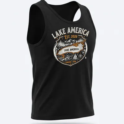Vintage badge style shirt with Lake America and established date — printed on a tank top