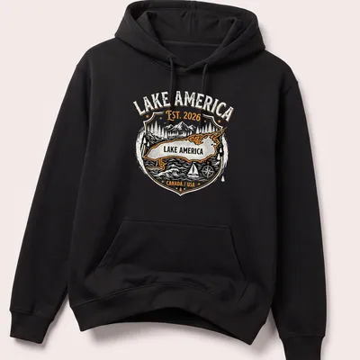 Vintage badge style shirt with Lake America and established date — printed on a unisex hoodie
