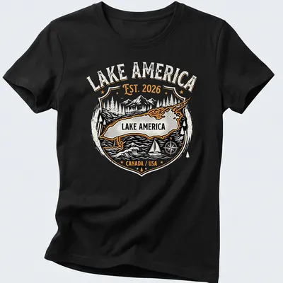 Vintage badge style shirt with Lake America and established date — printed on a women's shirt