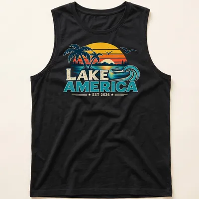 Vintage retro T-shirt with a lakeside scene, palm trees, and a boat. — printed on a tank top