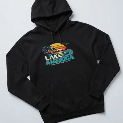 Vintage retro T-shirt with a lakeside scene, palm trees, and a boat. — printed on a unisex hoodie