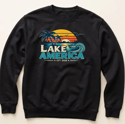 Vintage retro T-shirt with a lakeside scene, palm trees, and a boat. — printed on a unisex sweatshirt