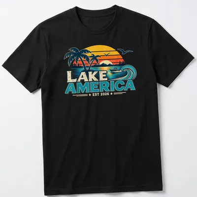 Vintage retro T-shirt with a lakeside scene, palm trees, and a boat.
