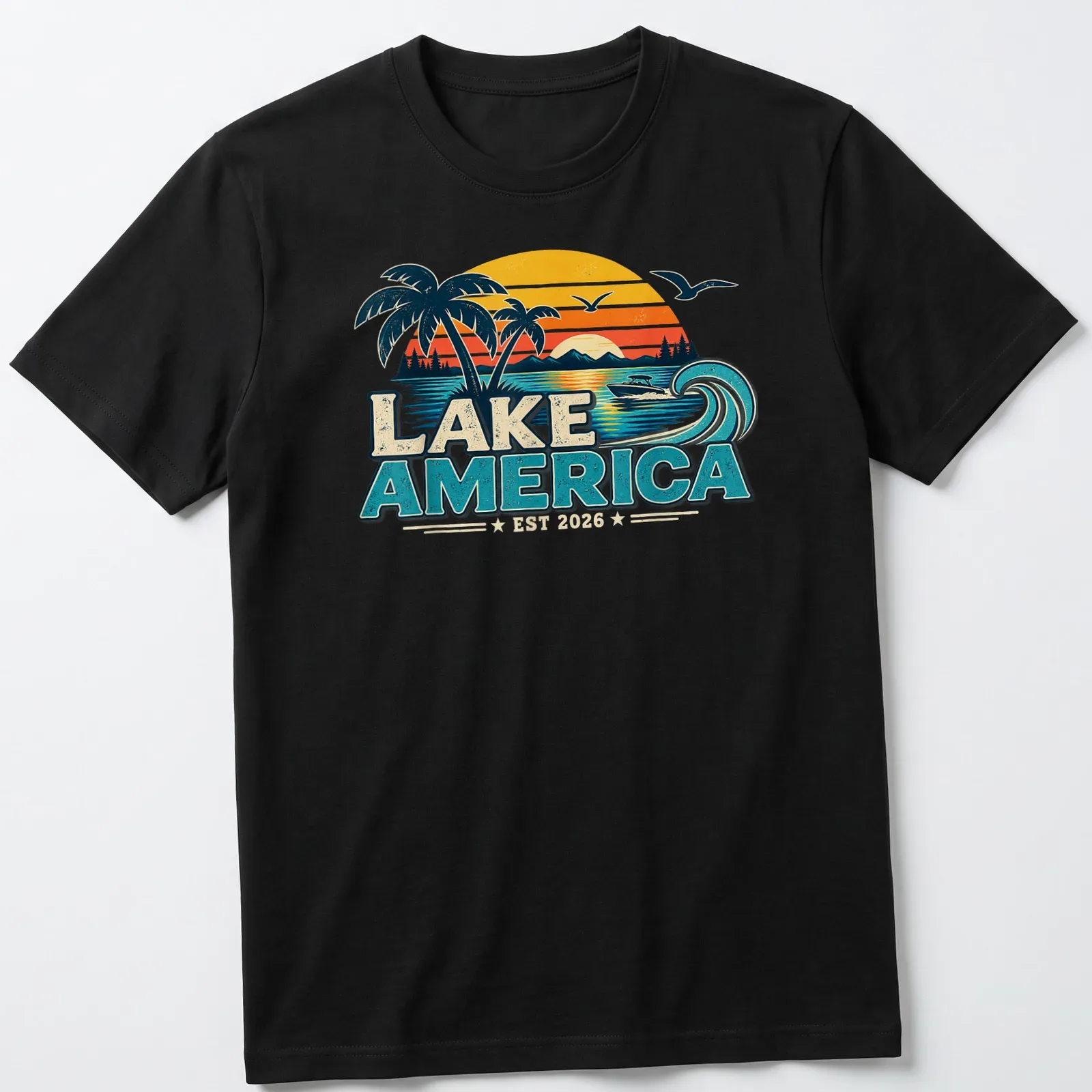 Vintage retro T-shirt with a lakeside scene, palm trees, and a boat. — printed on a unisex t-shirt