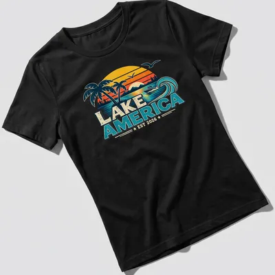 Vintage retro T-shirt with a lakeside scene, palm trees, and a boat. — printed on a women's shirt