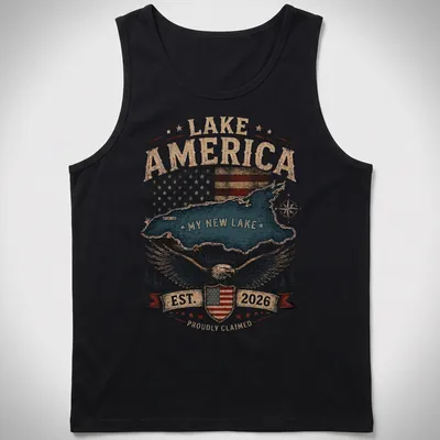 Vintage distressed Lake America t-shirt featuring an eagle and American flag over a lake scene — printed on a tank top