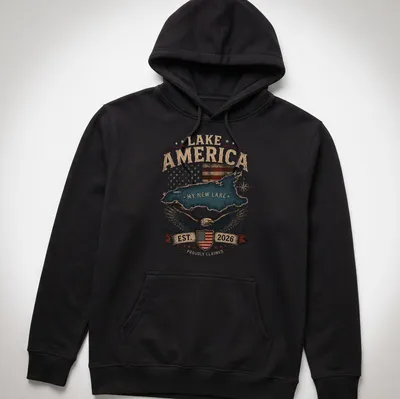 Vintage distressed Lake America t-shirt featuring an eagle and American flag over a lake scene — printed on a unisex hoodie