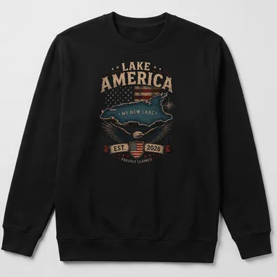 Vintage distressed Lake America t-shirt featuring an eagle and American flag over a lake scene — printed on a unisex sweatshirt