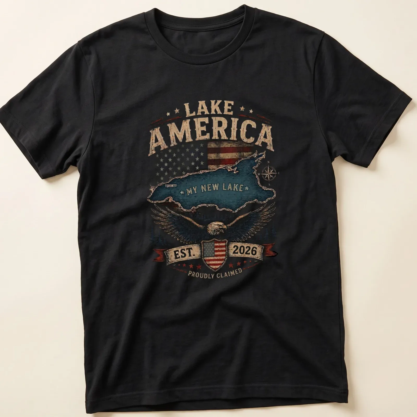 Vintage distressed Lake America t-shirt featuring an eagle and American flag over a lake scene — printed on a unisex t-shirt