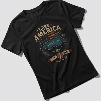 Vintage distressed Lake America t-shirt featuring an eagle and American flag over a lake scene — printed on a women's shirt