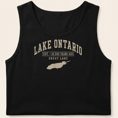 Vintage style Lake Ontario T-shirt with established text and lake illustration — printed on a tank top