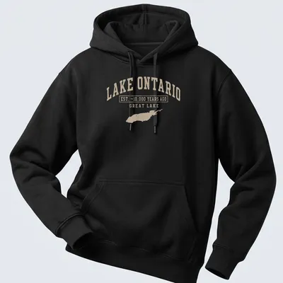 Vintage style Lake Ontario T-shirt with established text and lake illustration — printed on a unisex hoodie