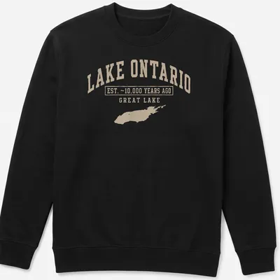 Vintage style Lake Ontario T-shirt with established text and lake illustration — printed on a unisex sweatshirt
