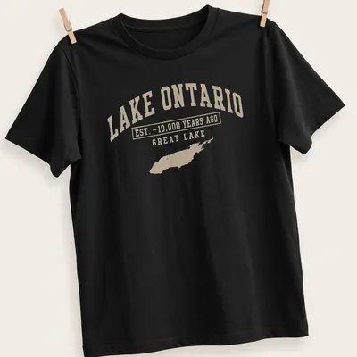 Vintage style Lake Ontario T-shirt with established text and lake illustration